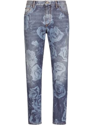 Dolce & Gabbana rose-print slim-fit jeans - Blue