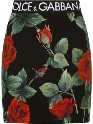 Dolce & Gabbana rose-print stretch-silk mini skirt - Black