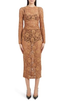 Dolce & Gabbana Ruched Floral Lace Midi Dress in Medium Beige