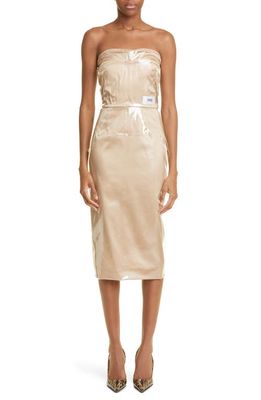 Dolce & Gabbana Ruched PVC Overlay Satin Midi Dress in Beige
