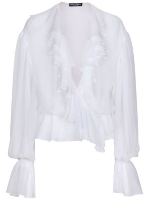 Dolce & Gabbana ruffled-trim silk cropped blouse - White