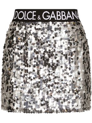 Dolce & Gabbana sequin-embellished logo-waistband mini skirt - Silver