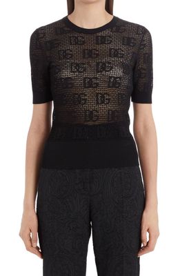 Dolce & Gabbana Sheer Logo Short Sleeve Sweater in Nero