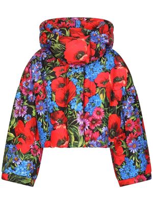 Dolce & Gabbana short floral-print down jacket - Black