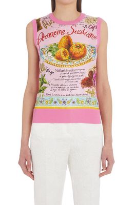 Dolce & Gabbana Sicilian Rice Ball Print Silk Sweater Vest in Arancine Rosa