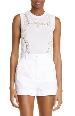 Dolce & Gabbana Sleeveless Lace Inset Cashmere & Silk Blend Sweater in White Lace