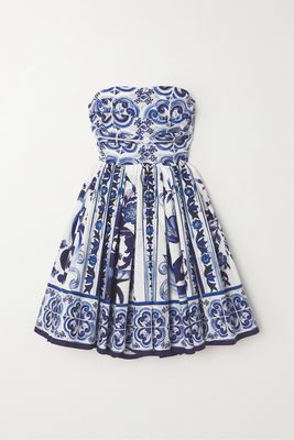 Dolce & Gabbana - Strapless Pleated Printed Cotton-poplin Mini Dress - Blue