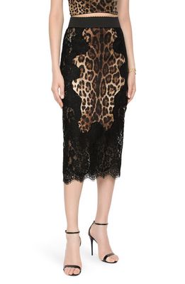 Dolce & Gabbana Tubino Leopard Print Satin & Lace Pencl Skirt in Light Brown