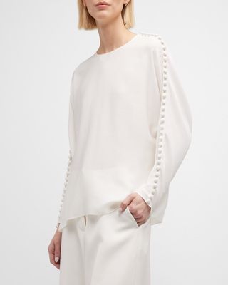 Dolman-Sleeve Button-Embellished Silk Blouse
