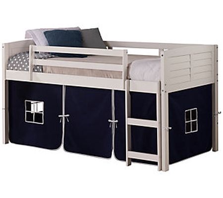 Donco Kids Twin Louver Low Loft White Bed, Soli d Tent & Slide
