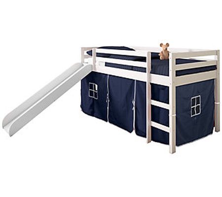 Donco Kids Twin Low Loft White Bed w/ Slide & S olid Tent Kit