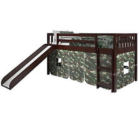 Donco Kids Twin Mission Low Loft Bed w/ Slide & Print Tent Kit