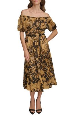 Donna Karan New York Abstract Print Off the Shoulder Dress in Black/Fawn 