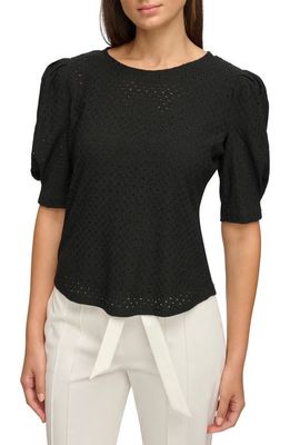 Donna Karan New York Puff Sleeve Pointelle Knit Top in Black