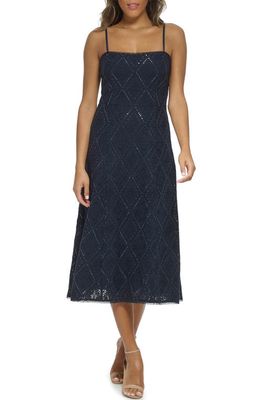 Donna Karan New York Sequin Floral Embroidered Fit & Flare Dress in Navy
