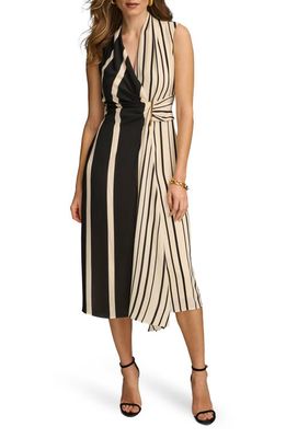 Donna Karan New York Stripe Faux Wrap Midi Dress in Black/Parchment