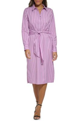 Donna Karan New York Stripe Long Sleeve Tie Waist Shirtdress in Lavender Multi