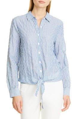 Donna Karan New York Stripe Tie Front Button-Up Shirt in Blue/White Stripe