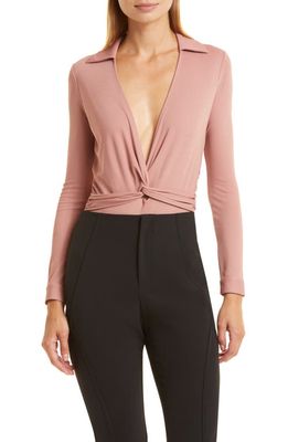 Donna Karan New York Twist Front Plunge Long Sleeve Crepe Jersey Bodysuit in Rose