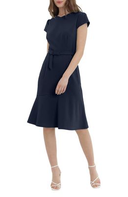 Donna Morgan Belted Cap Sleeve Dress in Twilight Navy