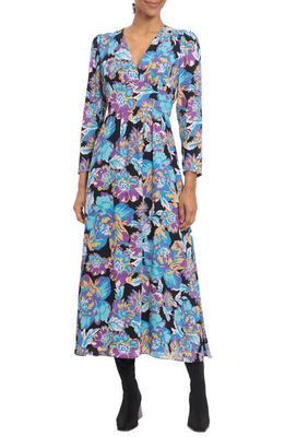 DONNA MORGAN FOR MAGGY Floral Long Sleeve Midi Dress in Purple/Aqua