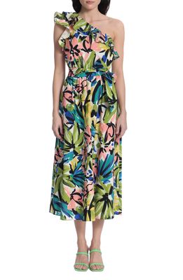DONNA MORGAN FOR MAGGY Floral One-Shoulder Stretch Cotton Dress in White/Olive Green