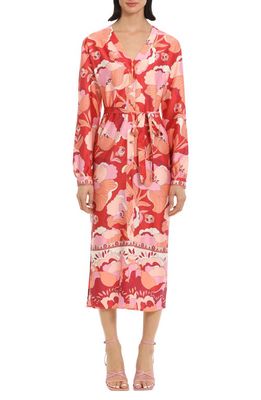 DONNA MORGAN FOR MAGGY Floral Print Long Sleeve Belted Midi Shirtdress in Brick Red/Apricot