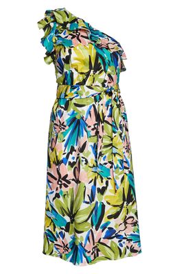 DONNA MORGAN FOR MAGGY Floral Print Ruffle One-Shoulder Midi Dress in Soft White/Olive Green