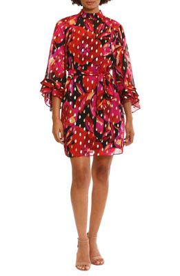 DONNA MORGAN FOR MAGGY Floral Ruffle Flare Sleeve Dress in Black/Red