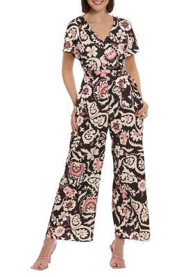 DONNA MORGAN FOR MAGGY Floral Tie Waist Wide Leg Jumpsuit in Black Rose/Pink
