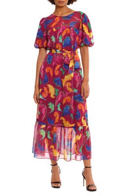 DONNA MORGAN FOR MAGGY Floral Tiered Puff Sleeve Tie Waist Dress in Ripe Plum/Azalea