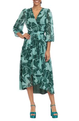 DONNA MORGAN FOR MAGGY Metalilic Fleck Floral Wrap Dress in Forest Green