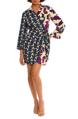 DONNA MORGAN FOR MAGGY Mixed Print Long Sleeve Wrap Minidress in Bone/Pine