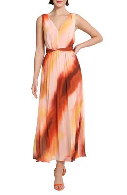 DONNA MORGAN FOR MAGGY Pleated Ombré Stripe Sleeveless Midi Dress in Soft Creme/Rust