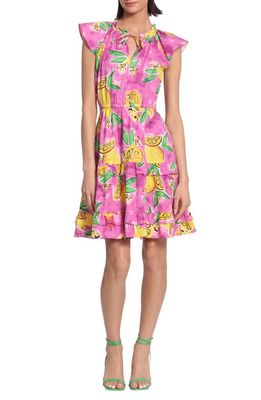 DONNA MORGAN FOR MAGGY Print Cap Sleeve Tiered Dress in Soft White/Lemon Yellow
