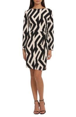 DONNA MORGAN FOR MAGGY Print Long Sleeve Twisted Waist Dress in Black/Beige