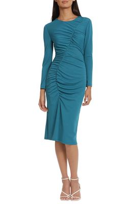 DONNA MORGAN FOR MAGGY Ruched Long Sleeve Knit Dress in Ocean Depths