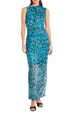 DONNA MORGAN FOR MAGGY Shirred Sleeveless Maxi Dress in Teal Aqua/Blue 