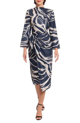 DONNA MORGAN FOR MAGGY Tie Waist High Neck Long Sleeve Midi Dress in Navy/Beige