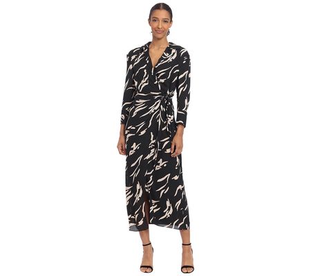 Donna Morgan Long-Sleeve Wrap Midi Dress with C ollar