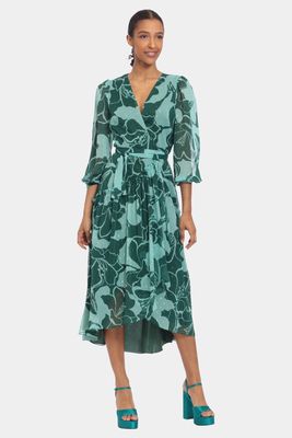 Donna Morgan Women's Printed Hi Low Wrap Dress in Forest/Green