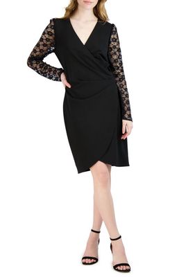 Donna Ricco Lace Long Sleeve Faux Wrap Cocktail Dress in Black