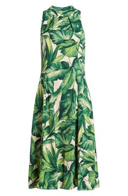 Donna Ricco Palm Print Sleeveless A-Line Dress in Green Multi