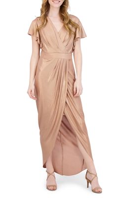 Donna Ricco Ruffle Sleeve Tulip Hem Maxi Dress in Gold