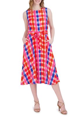 Donna Ricco Sleeveless Tie Waist Midi Dress in Cobalt/Pink
