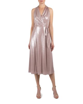 Donna Ricco Women's Halter Neck Shimmer Midi Dress in Blush/Silver