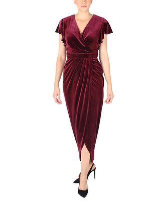 Donna Ricco Women's Ruffle Sleeve Tulip Hem Velvet Dress in Wine