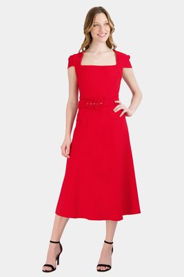 Donna Ricco Women's Short Sleeve Square Neck Belted Dress in Red