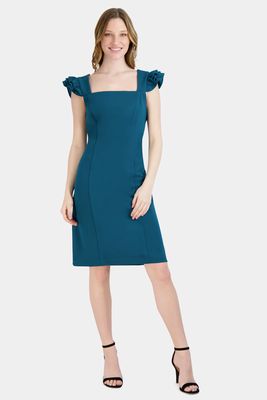 Donna Ricco Women's Square Neck Rufle Cap Sleeve Dress in Teal