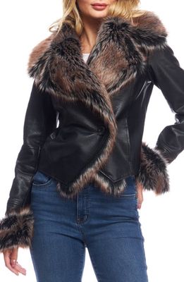DONNA SALYERS FABULOUS FURS Chelsea Faux Leather Jacket with Faux Fur Trim in Black